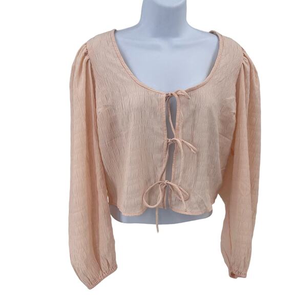 Levi's Tie Front Crop Top Women's M Peach Long Puff Sleeve Cropped Lightweight - Picture 1 of 11